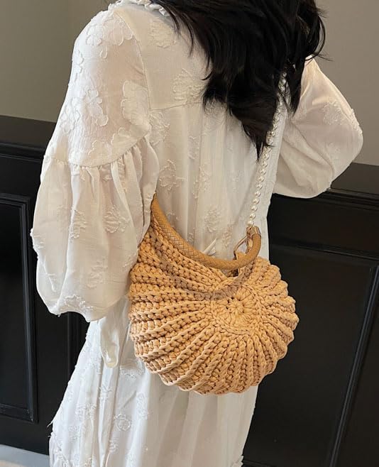 Khaki Crochet Seashell Shoulder Bag for Women