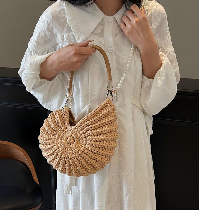 Khaki Crochet Seashell Shoulder Bag for Women