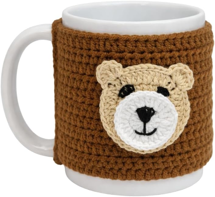 Handmade Crochet Bear Mug Cozy – Brown and White