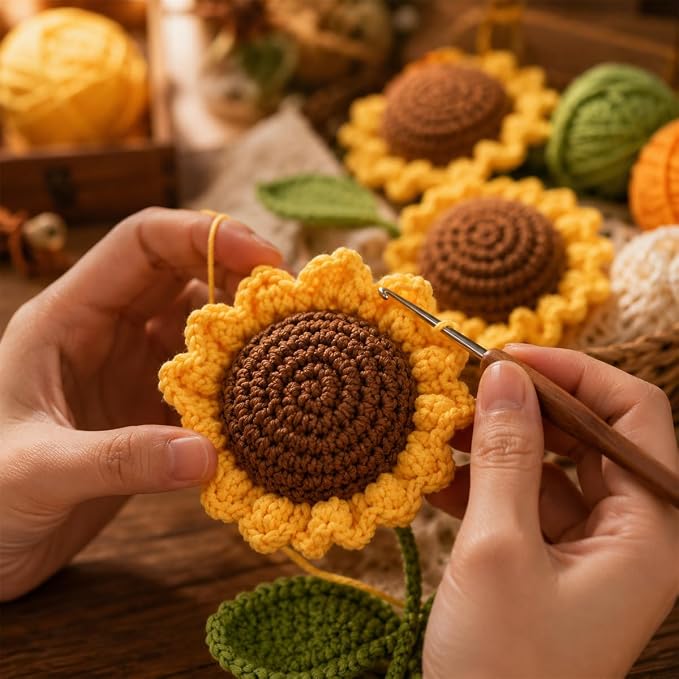 Set of 6 Crochet Sunflowers – Handmade Floral Decor