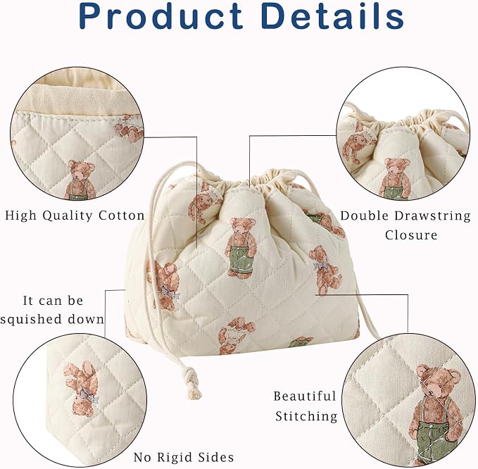Cotton Quilted Drawstring Makeup Bag – White Bear
