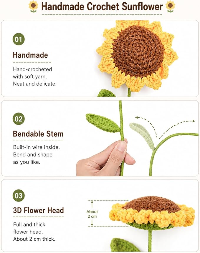 Set of 6 Crochet Sunflowers – Handmade Floral Decor