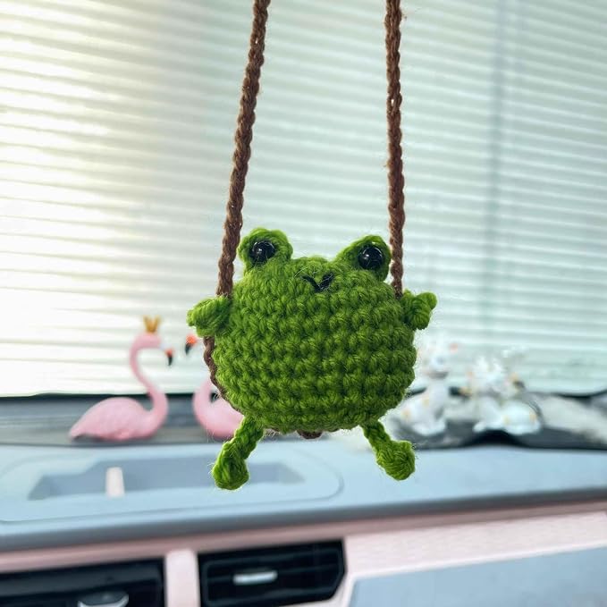 Crochet Swinging Frog Hanging Charm – Green Car Decor