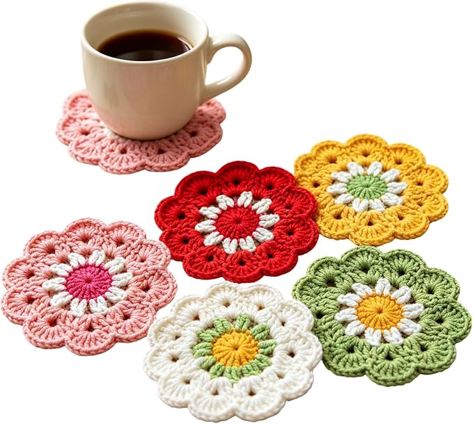Handmade Crochet Daisy Coasters Set of 5 – Cotton