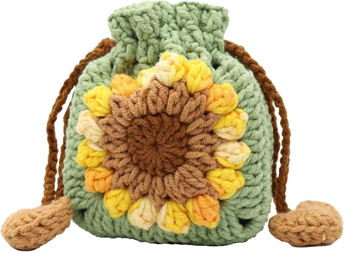 Crochet Sunflower Drawstring Pouch – Sage Green