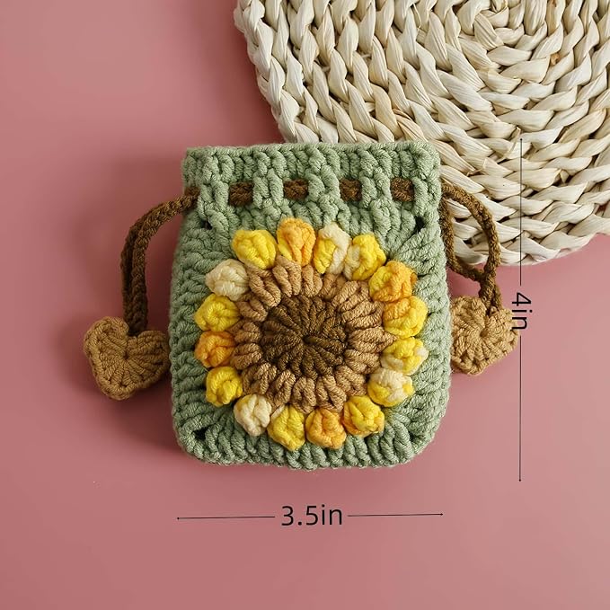 Crochet Sunflower Drawstring Pouch – Sage Green