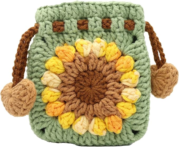 Crochet Sunflower Drawstring Pouch – Sage Green