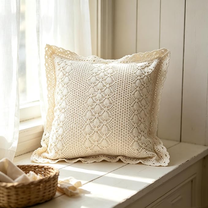 Vintage Chic Crochet Pillow Cover 18x18 – Cotton Floral Lace