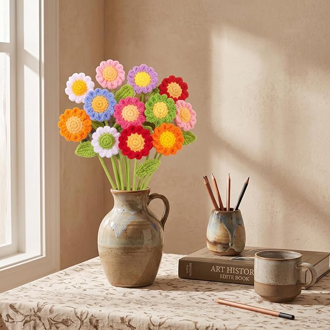 Set of 10 Crochet Daisy Flowers – Multicolor Bouquet
