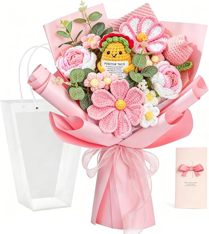 Handmade Crochet Pink Flower Bouquet with Gift Card