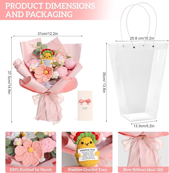 Handmade Crochet Pink Flower Bouquet with Gift Card