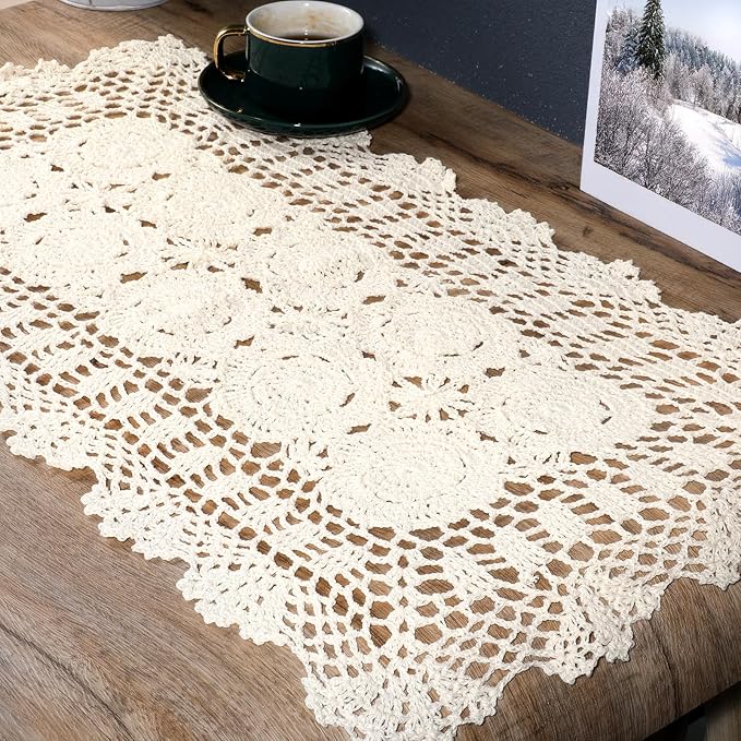Beige Crochet Lace Table Runner 15.75 x 28 Inch – Cotton