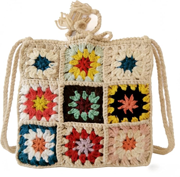 Beige Crochet Granny Square Fringe Bag – Boho Purse