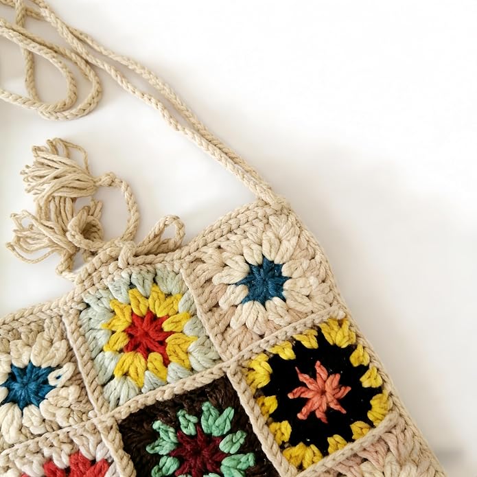 Beige Crochet Granny Square Fringe Bag – Boho Purse