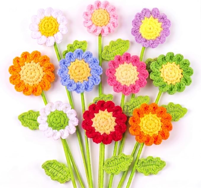 Set of 10 Crochet Daisy Flowers – Multicolor Bouquet