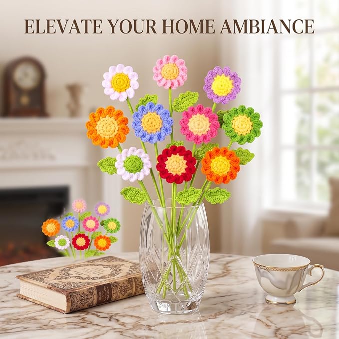 Set of 10 Crochet Daisy Flowers – Multicolor Bouquet