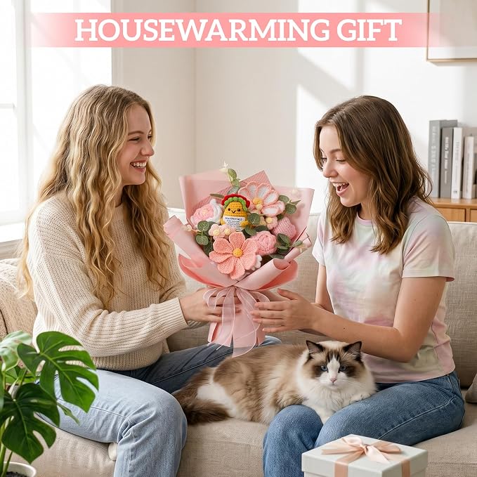 Handmade Crochet Pink Flower Bouquet with Gift Card
