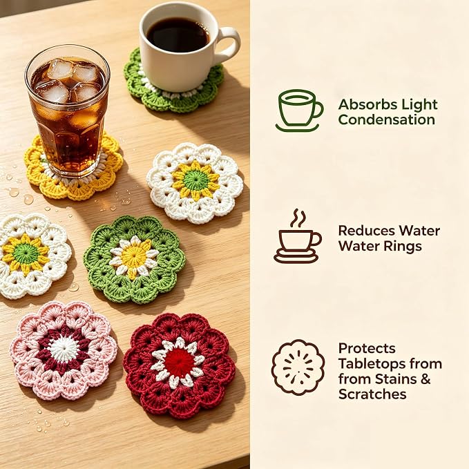 Handmade Crochet Daisy Coasters Set of 5 – Cotton