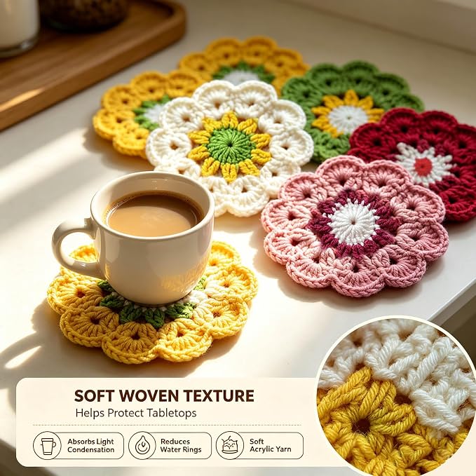 Handmade Crochet Daisy Coasters Set of 5 – Cotton