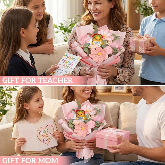 Handmade Crochet Pink Flower Bouquet with Gift Card
