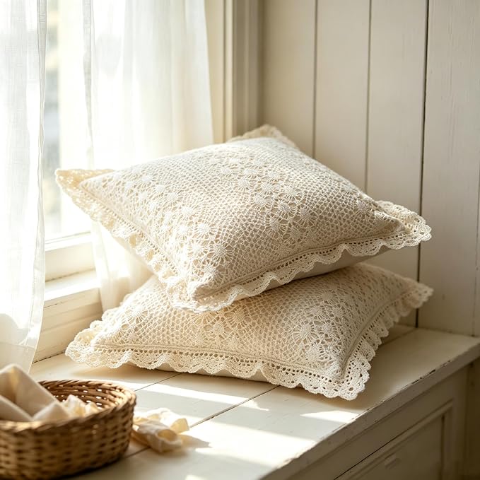 Vintage Chic Crochet Pillow Cover 18x18 – Cotton Floral Lace