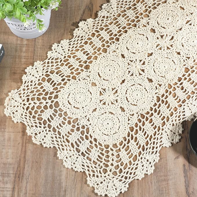 Beige Crochet Lace Table Runner 15.75 x 28 Inch – Cotton