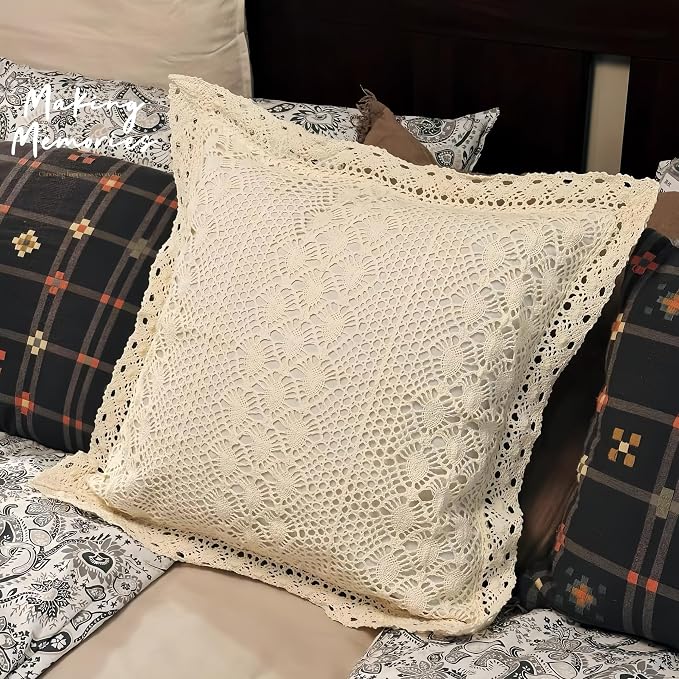 Vintage Chic Crochet Pillow Cover 18x18 – Cotton Floral Lace