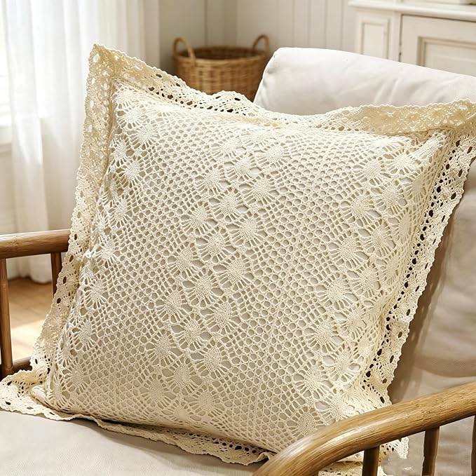 Vintage Chic Crochet Pillow Cover 18x18 – Cotton Floral Lace