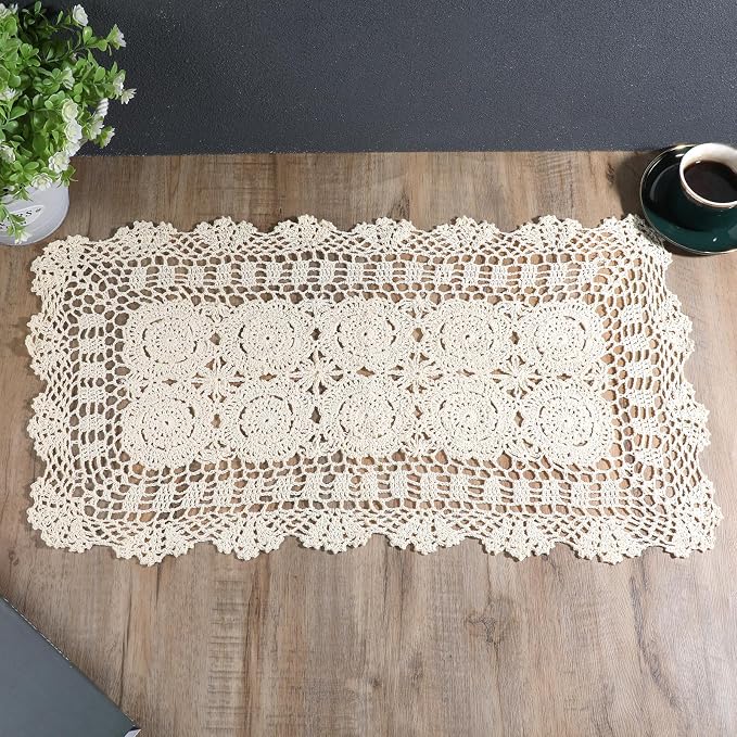 Beige Crochet Lace Table Runner 15.75 x 28 Inch – Cotton