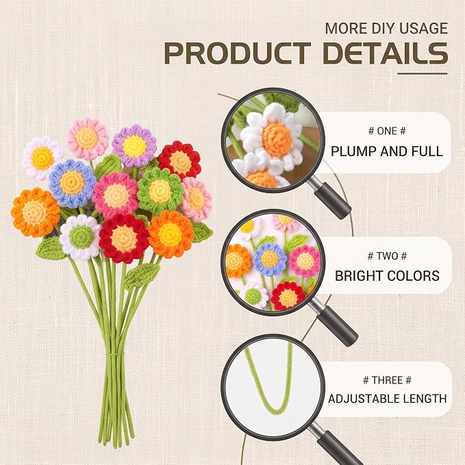 Set of 10 Crochet Daisy Flowers – Multicolor Bouquet