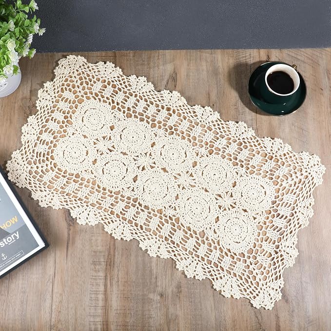 Beige Crochet Lace Table Runner 15.75 x 28 Inch – Cotton