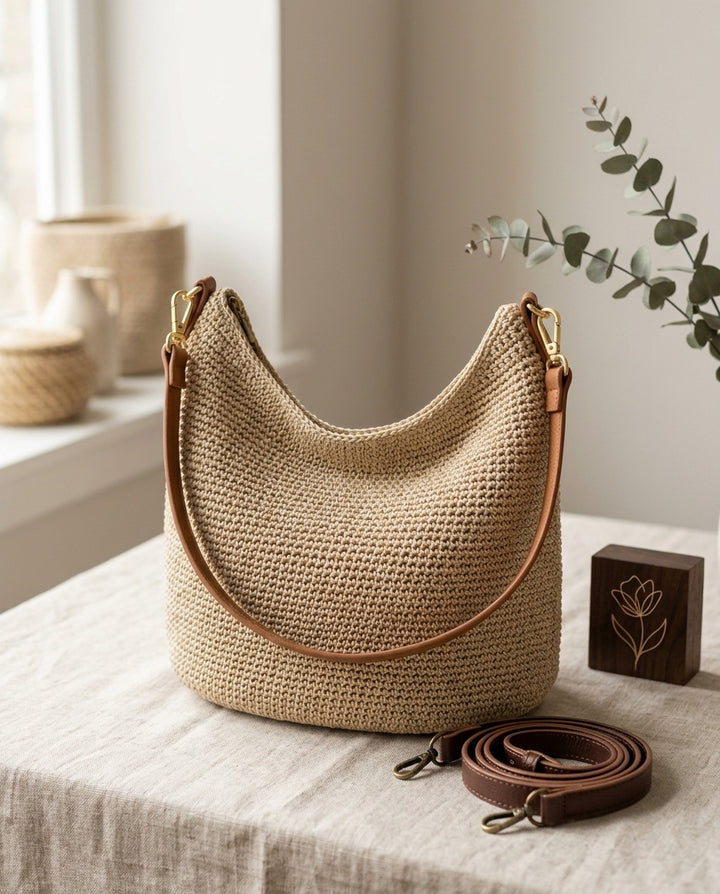 Khaki Boho Crochet Hobo Bag – Shoulder & Crossbody Purse