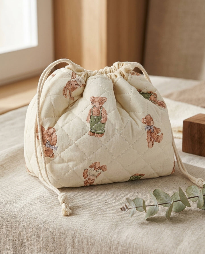 Cotton Quilted Drawstring Makeup Bag – White Bear