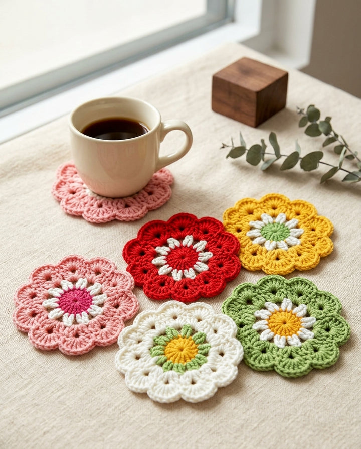Handmade Crochet Daisy Coasters Set of 5 – Cotton