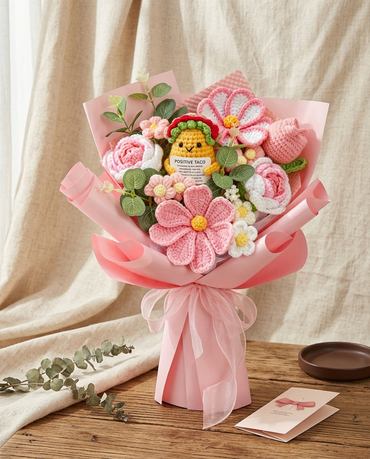 Handmade Crochet Pink Flower Bouquet with Gift Card