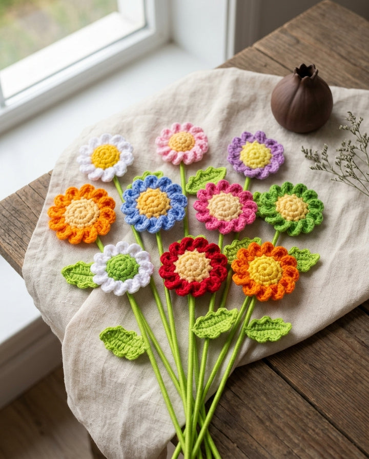 Set of 10 Crochet Daisy Flowers – Multicolor Bouquet