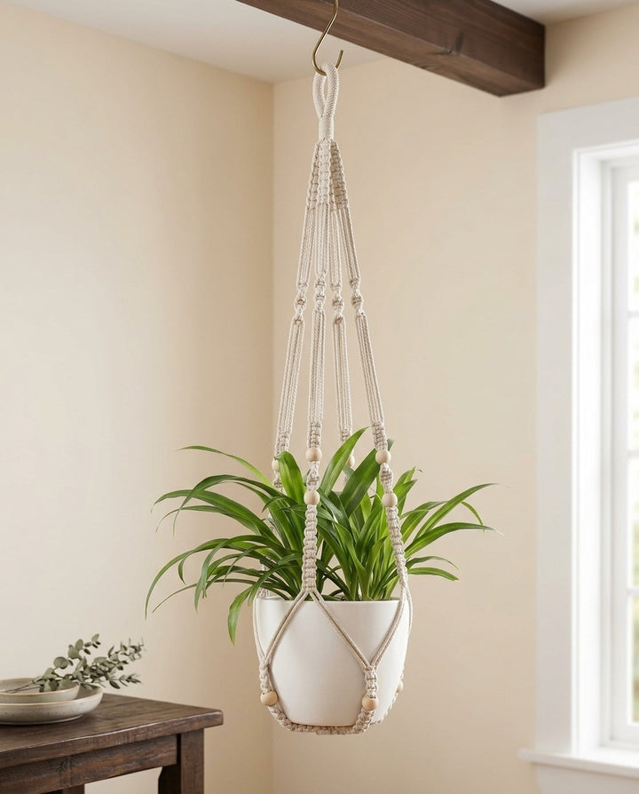35-Inch Ivory Macrame Plant Hanger – Cotton Planter Holder