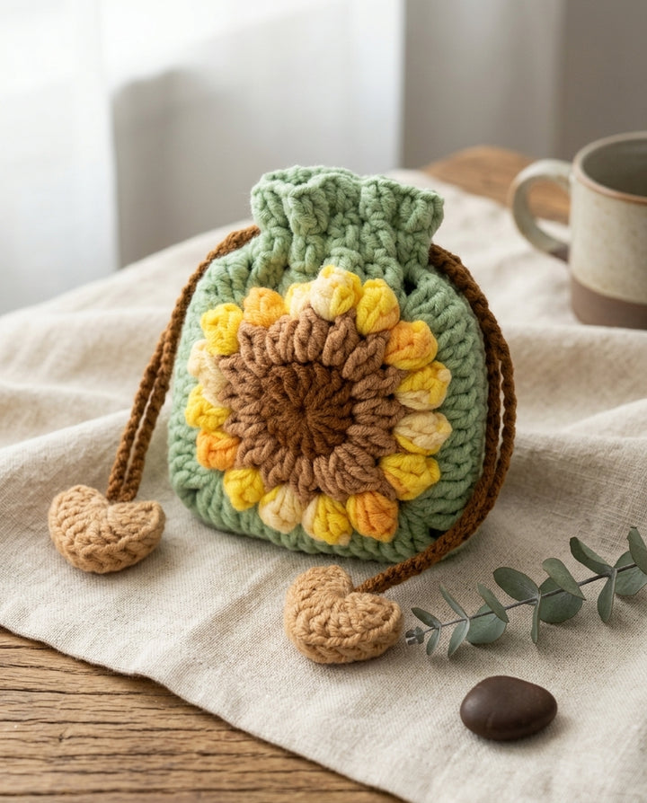 Crochet Sunflower Drawstring Pouch – Sage Green