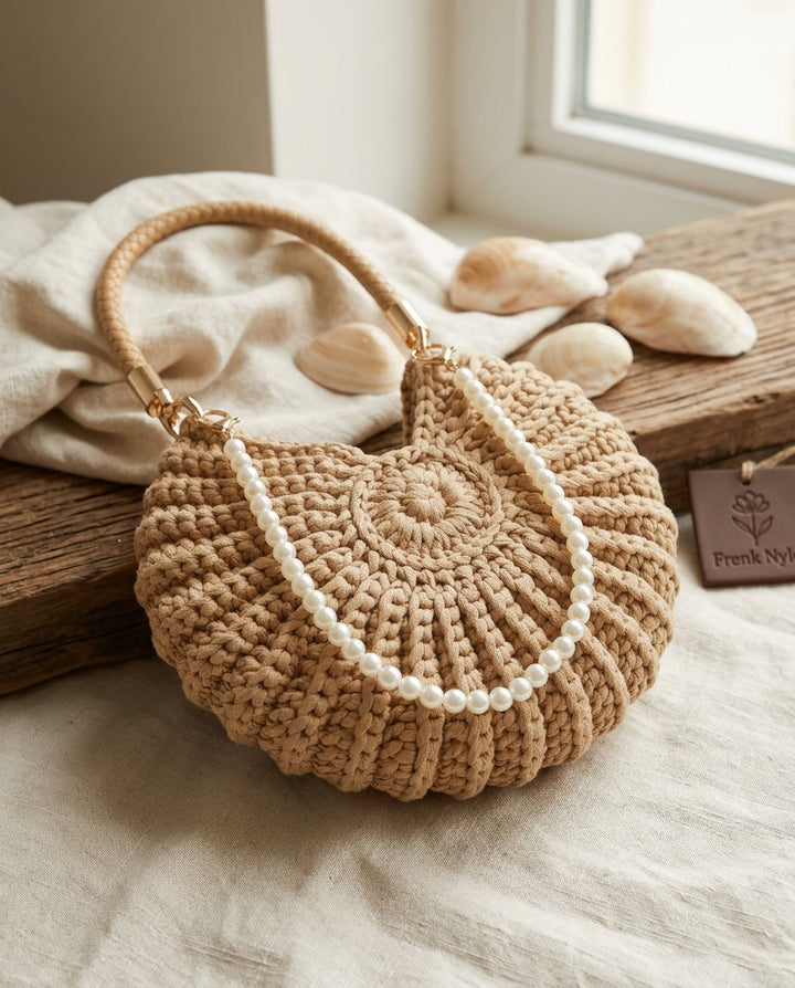Khaki Crochet Seashell Shoulder Bag for Women