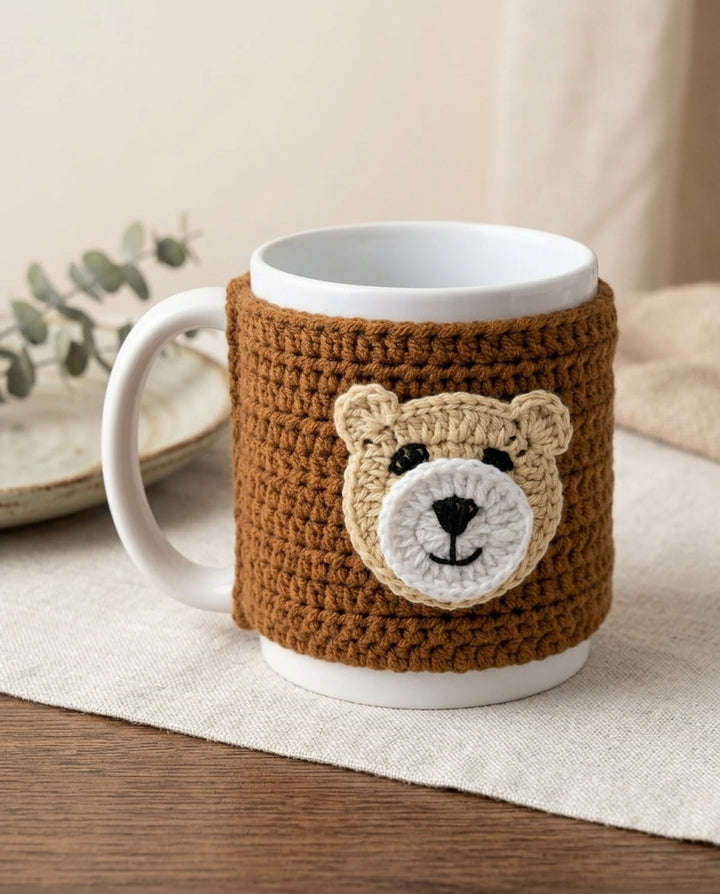 Handmade Crochet Bear Mug Cozy – Brown and White