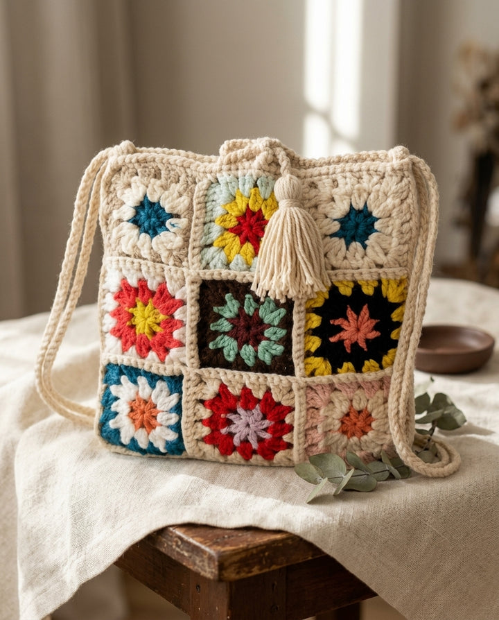 Beige Crochet Granny Square Fringe Bag – Boho Purse