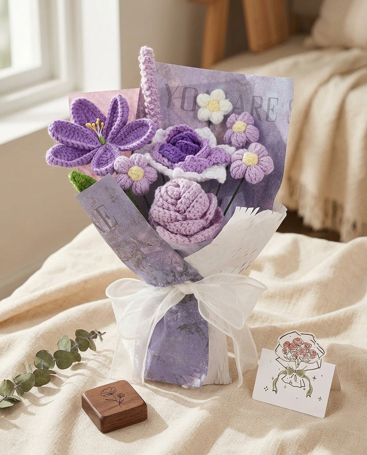 Purple Crochet Flower Bouquet – Handmade Floral Gift